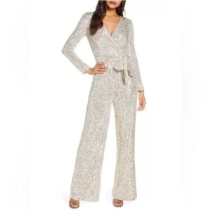 Eliza J Sequin Silver Wrap Front Long Sleeve Disco Jumpsuit